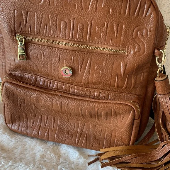 Steve Madden Tan Leather mini backpack purse with tassel and many compartments - Picture 3 of 7